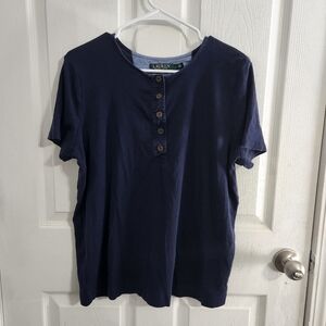 Lauren Ralph Lauren navy cotton tee shirt buttons preppy minimalist women 1x